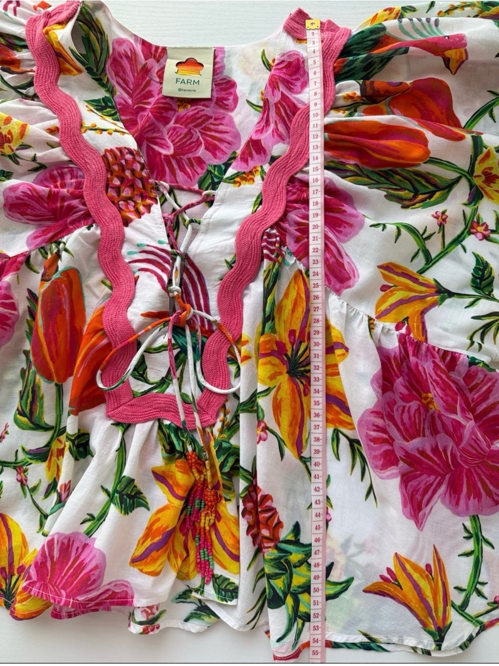FARM Rio White Floral Boho Tie-Front Ruffle Blouse - Picture 10 of 12